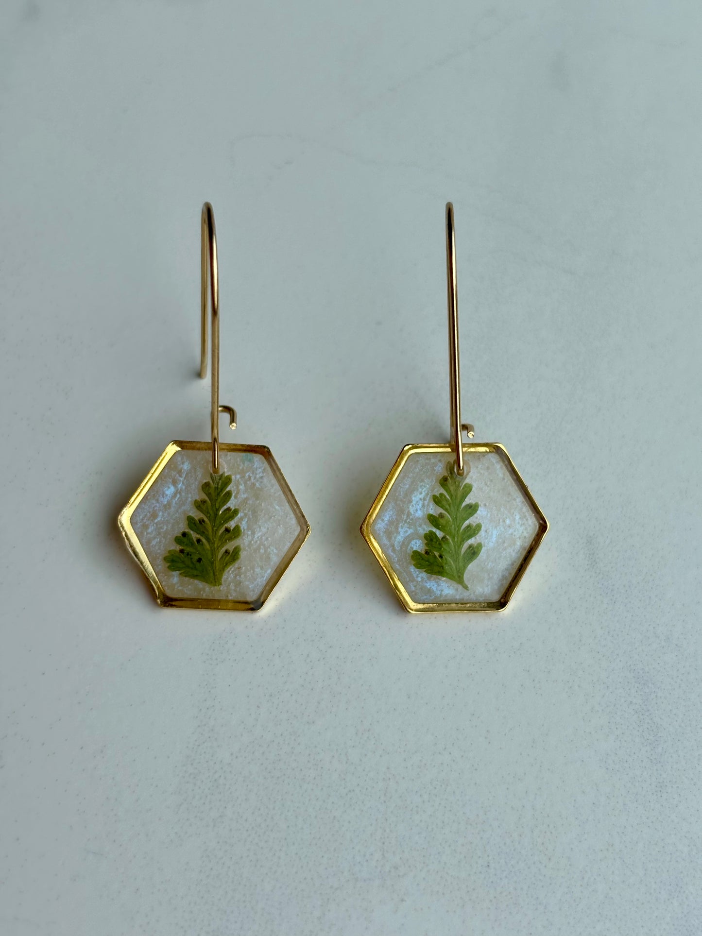 Oorbellen met Gedroogd Varenblad in UV Resin – 18K Goud Verguld | Handgemaakt & Hypoallergeen