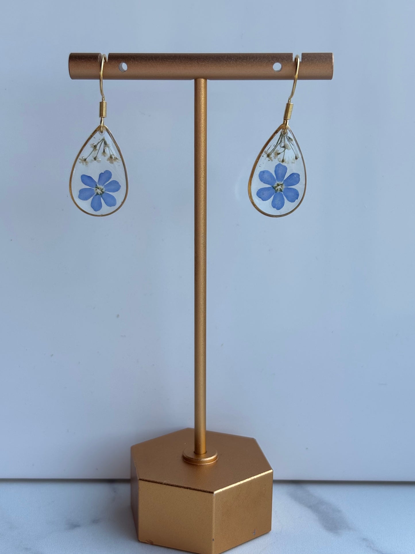 Gouden variant – Oorbellen met vergeet-mij-nietje & Queen Anne’s Lace(bestseller)