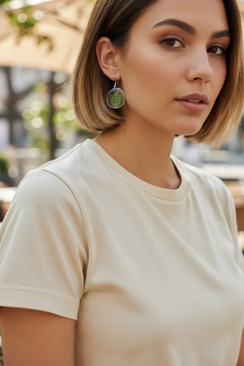 Fittonia Rond – Botanische Oorbellen - Zilveren variant