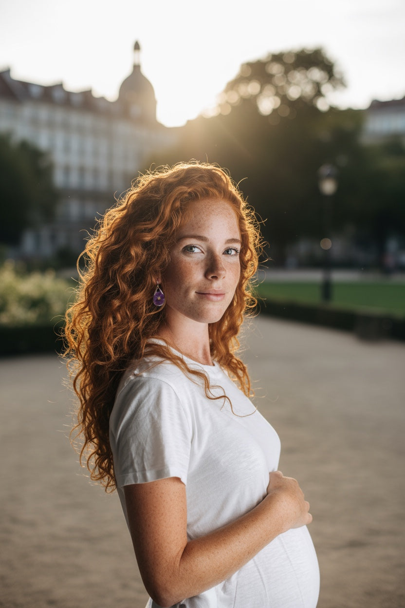 Traandruppel oorbellen met zelfgeplukt ijzerhard bloemetje