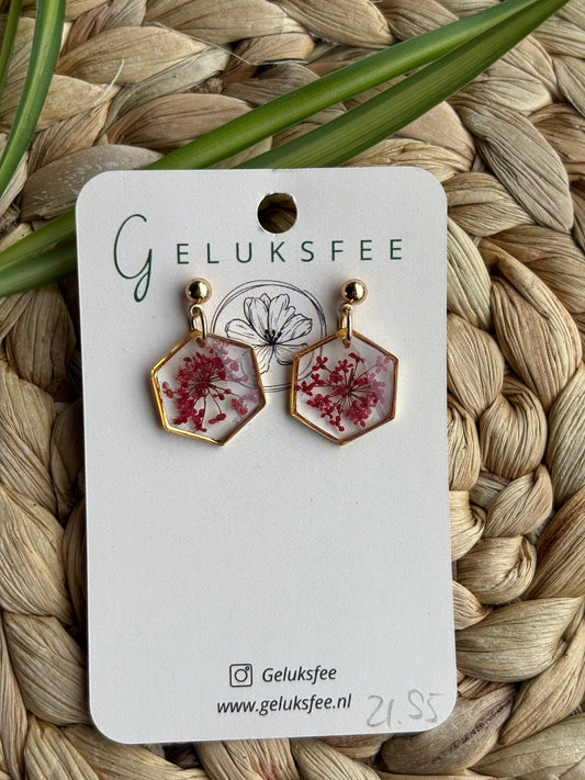 Natuurlijke geometrie – hexagon oorbellen met Queen Anne’s Lace