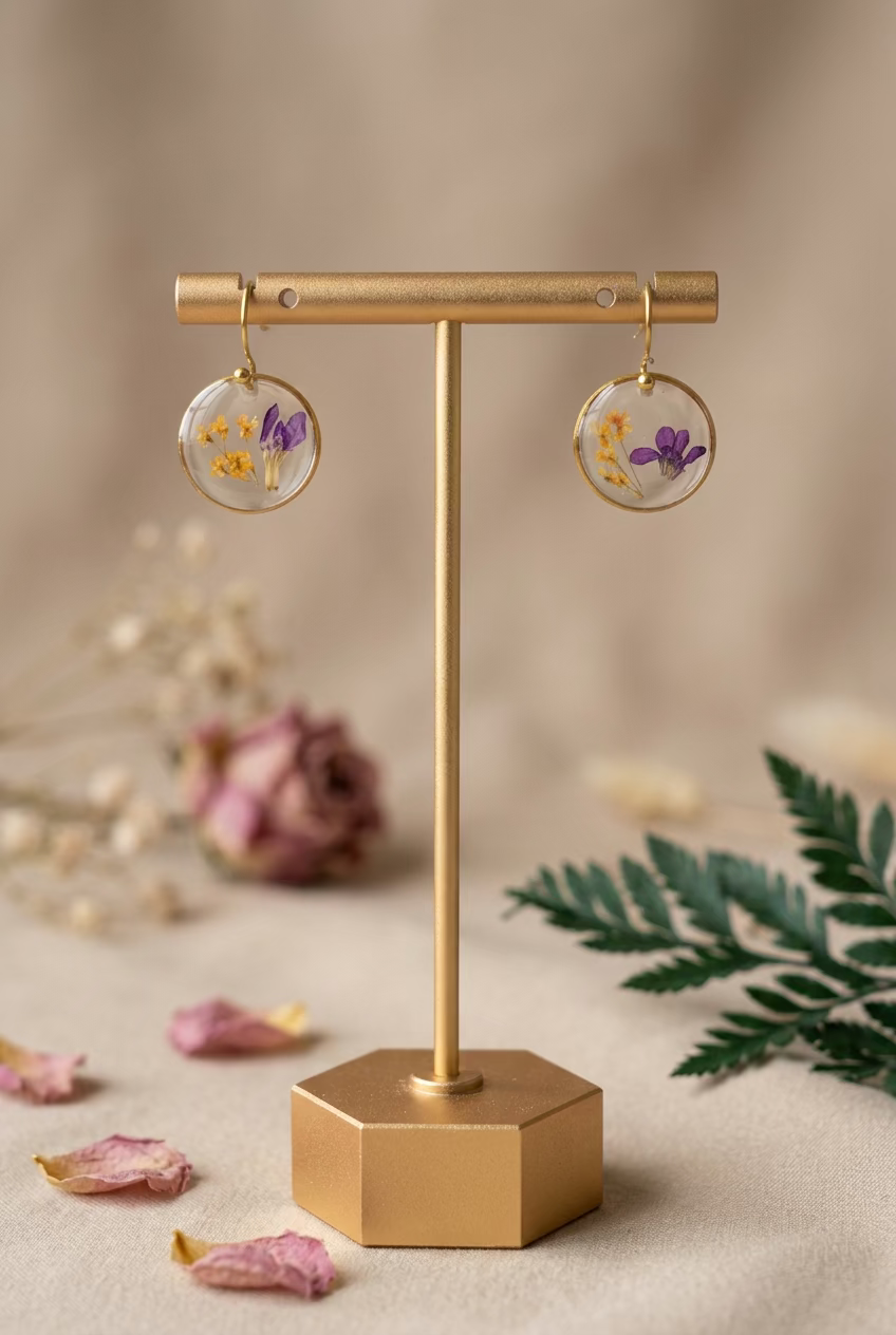 Herfstcollectie - kleine ronde oorbellen met oranje witte dille en mexicaanse heide