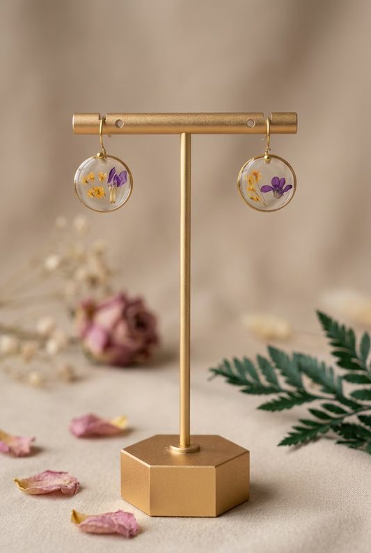 Herfstcollectie - kleine ronde oorbellen met oranje witte dille en mexicaanse heide
