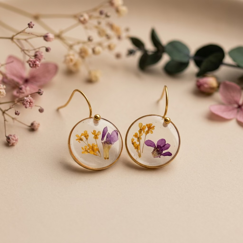 Herfstcollectie - kleine ronde oorbellen met oranje witte dille en mexicaanse heide