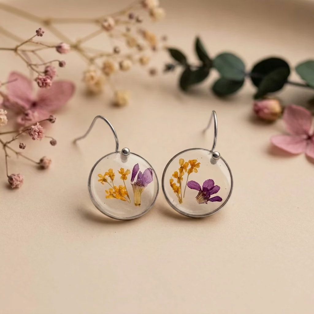 Herfstcollectie - kleine ronde oorbellen met oranje witte dille en mexicaanse heide