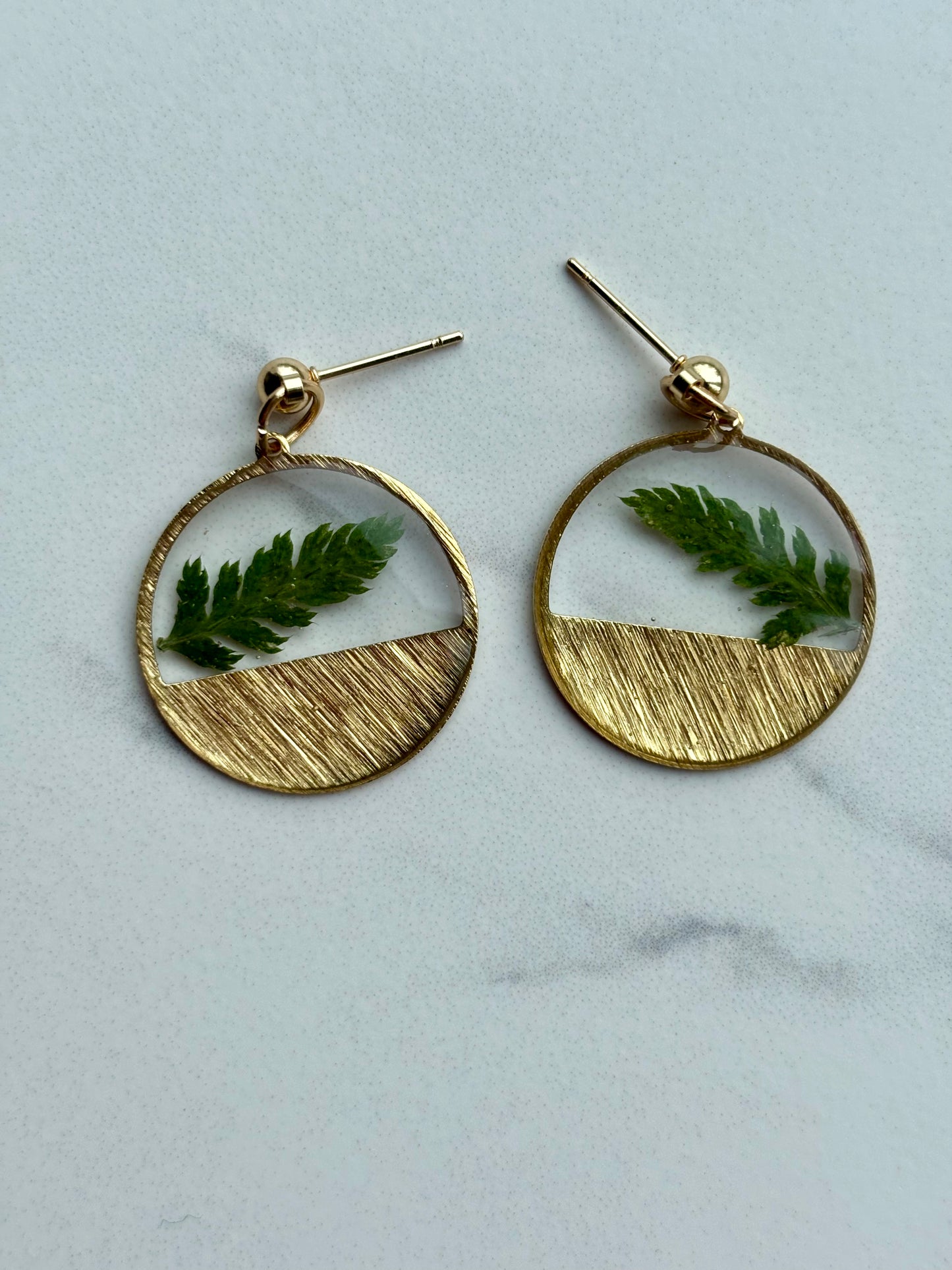 Oorbellen met Gedroogd Varenblad in UV Resin – 18K Goud Verguld | Handgemaakt & Hypoallergeen