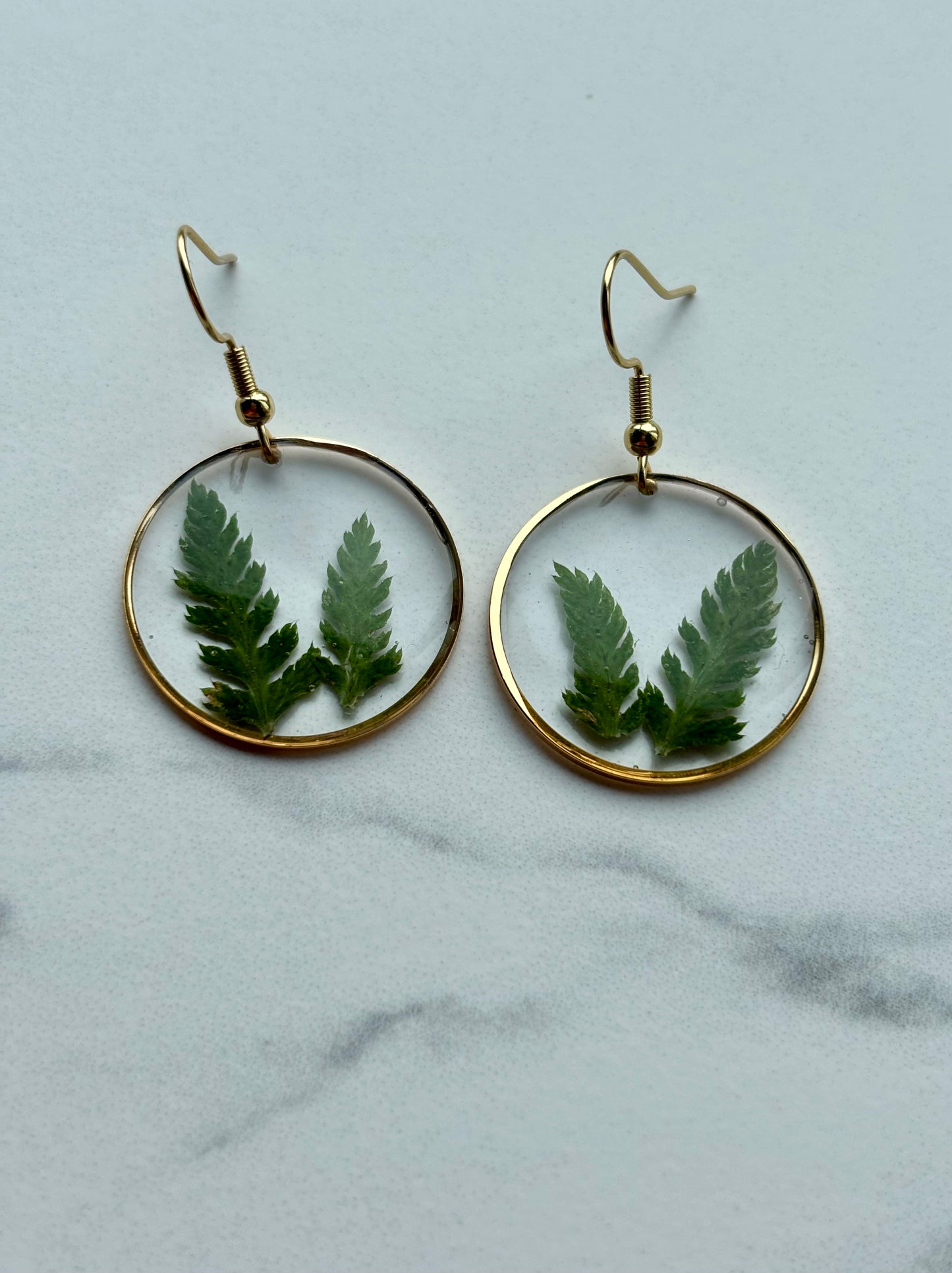 Oorbellen met Gedroogd Varenblad in UV Resin – 18K Goud Verguld | Handgemaakt & Hypoallergeen