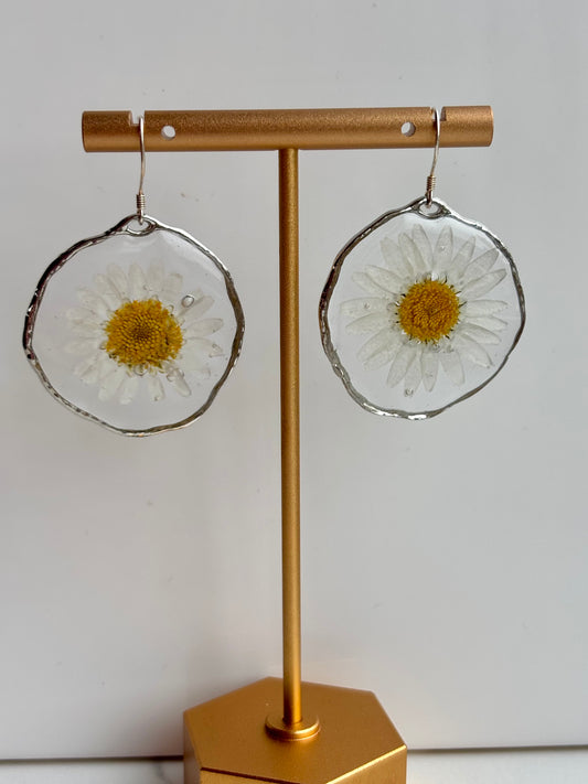 Zilveren Oorbellen met Echte Margriet – Botanische Sieraden in Epoxy