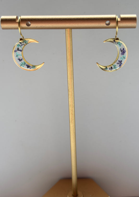 Herfstcollectie - gouden maan oorbellen van echte bloemen
