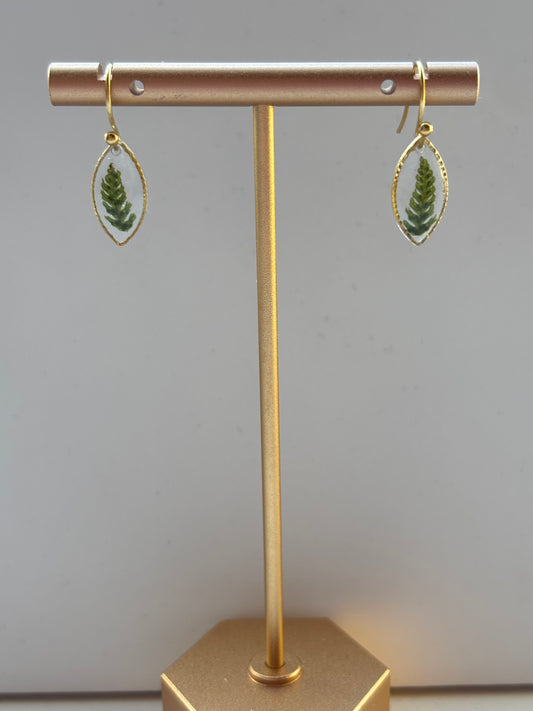 Subtiele ovale oorbellen met gedroogd blad in gouden hanger