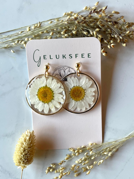 Lente in een oorbel – madeliefje in gouden hanger