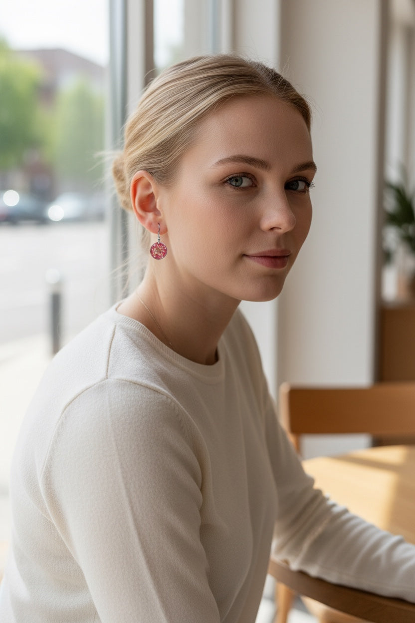 Roze Gloed - Oorbellen met Witte Dille - zilveren variant